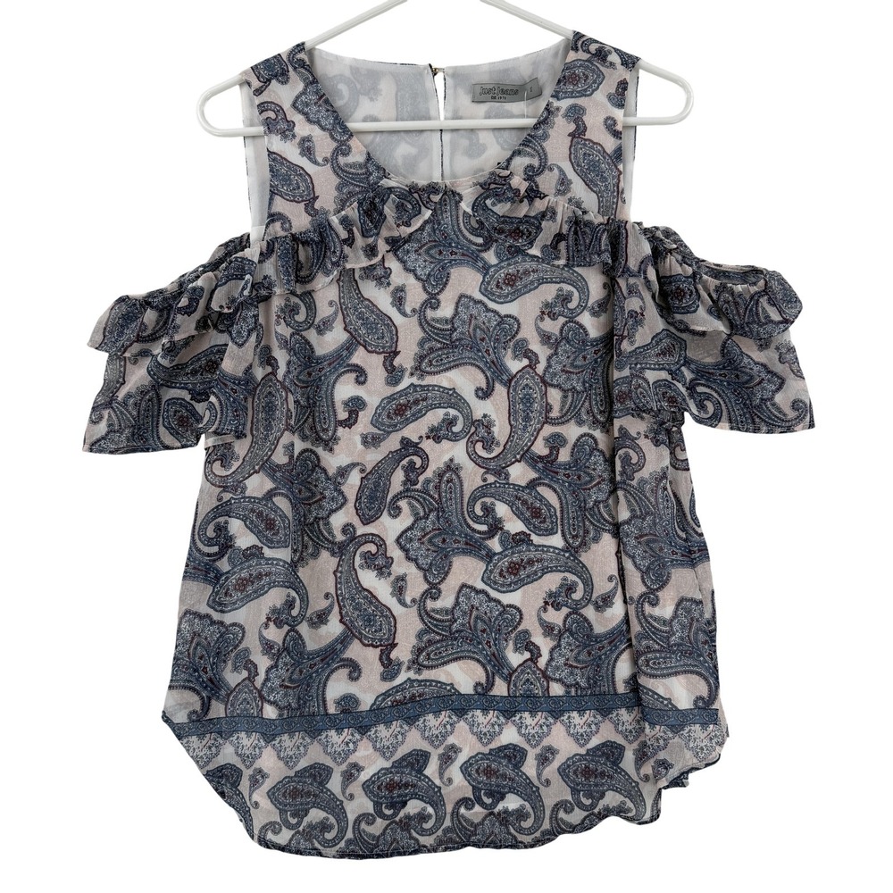 Just‎ Jeans Blouse Womens 10 Blue Paisley Cold Shoulder Ruffle Tunic Top NWT